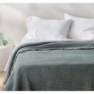 Full/Queen Reversible Textured Cotton Chambray Coverlet Dark Teal Blue - NEW